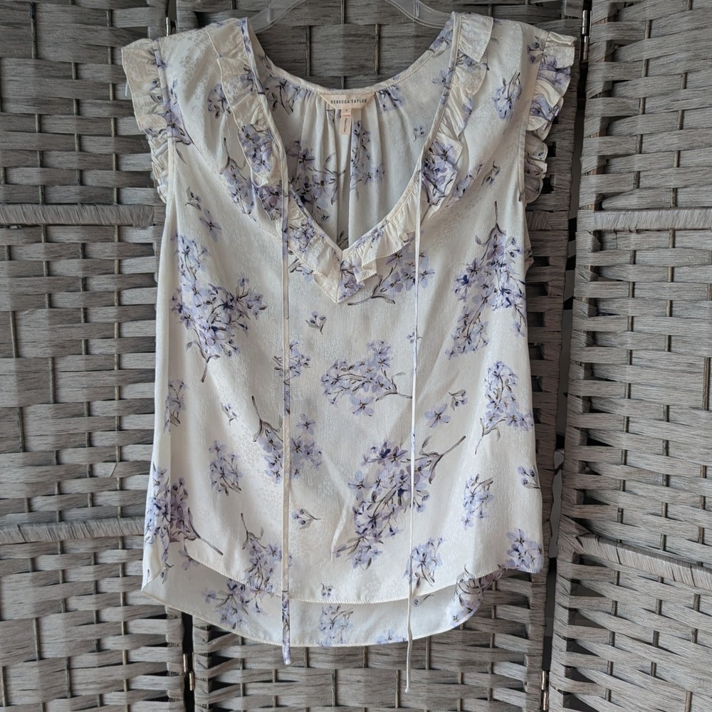 Rebecca Taylor Floral Ruffle Neck Pleated Blouse Cream Lavender 100% Silk Sz 8
